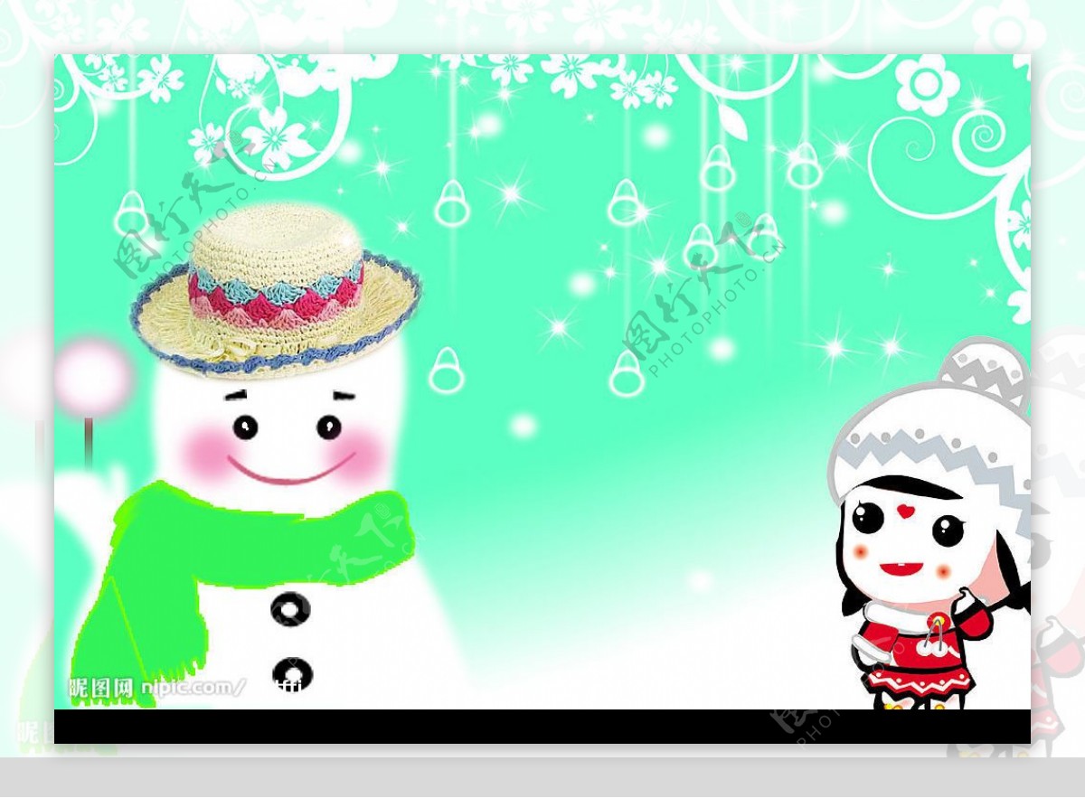 雪人女孩子花背景绿色图片