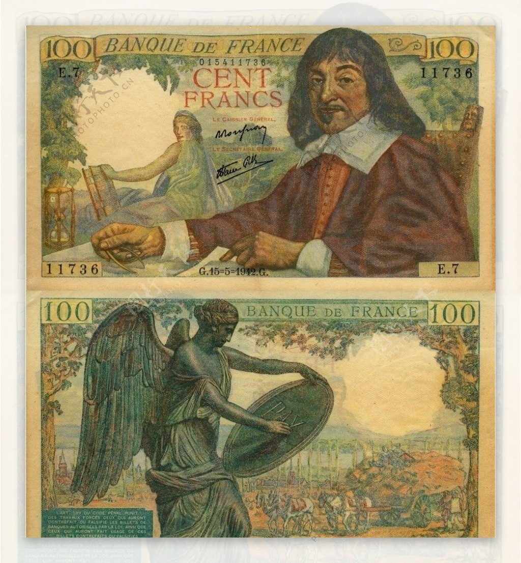 印有笛卡尔头像的法国纸币图片