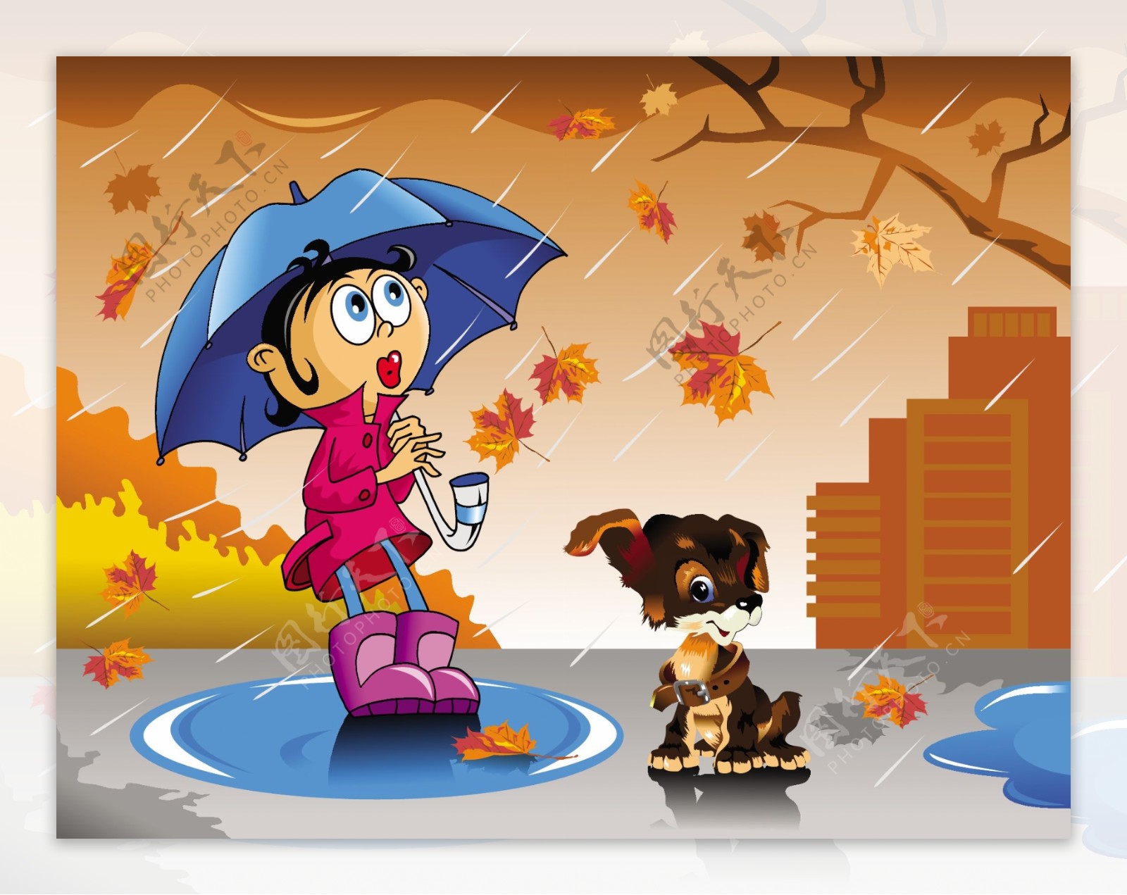 落叶秋雨中的卡通儿童小狗图片