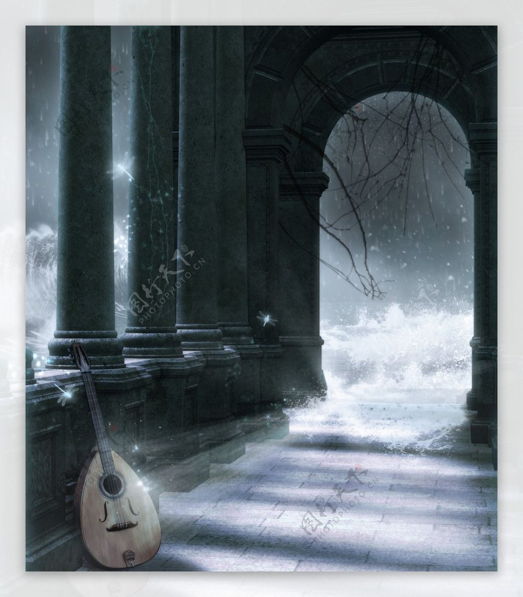 古殿走廊风景大提琴图片