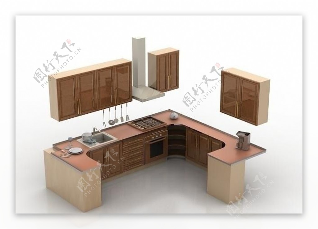 3D现代厨房模型素材图片
