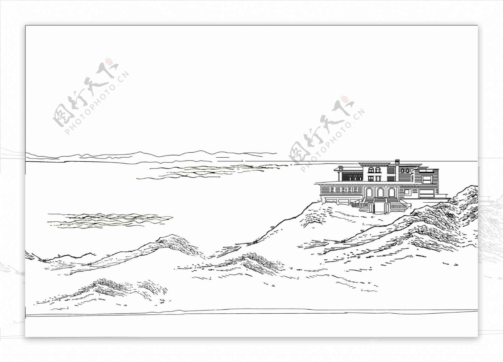山水房子线描图图片