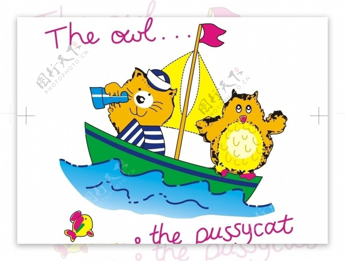 卡通猫和猫头鹰坐船出海图片