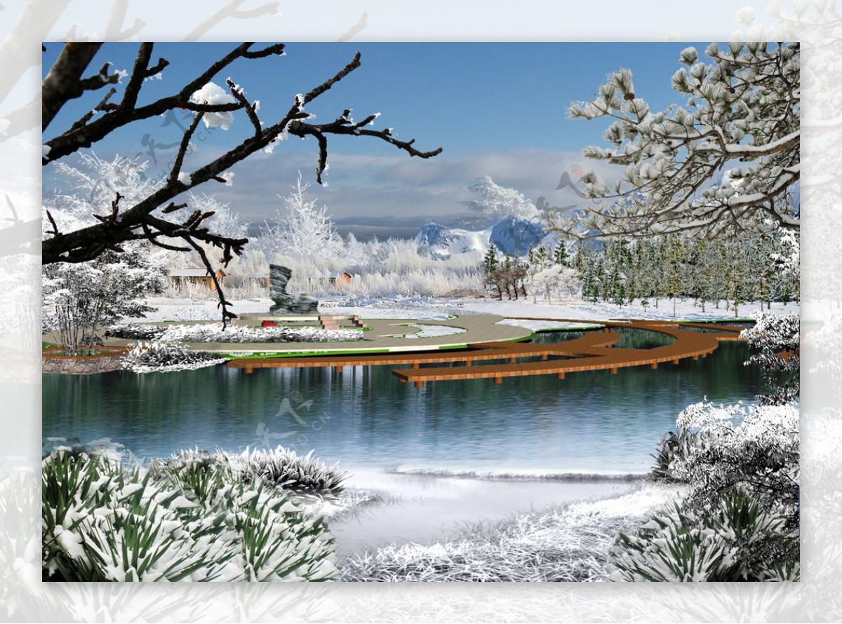 湖边雪景景观图片