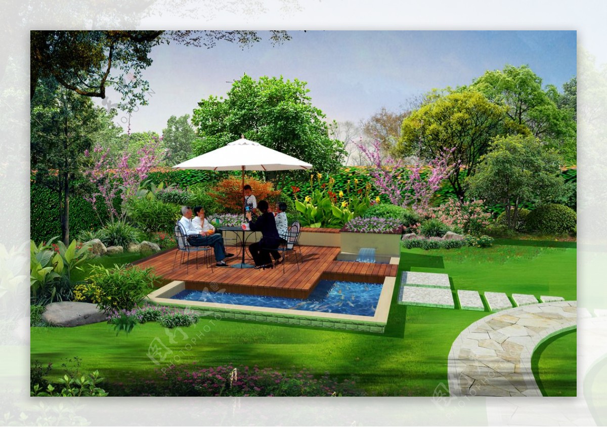 别墅花园亲水平台景观设计图片