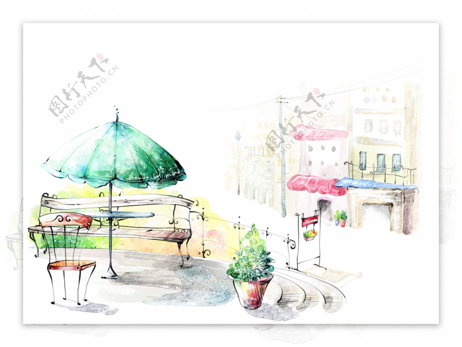 手绘水彩欧式街景风光插画图片