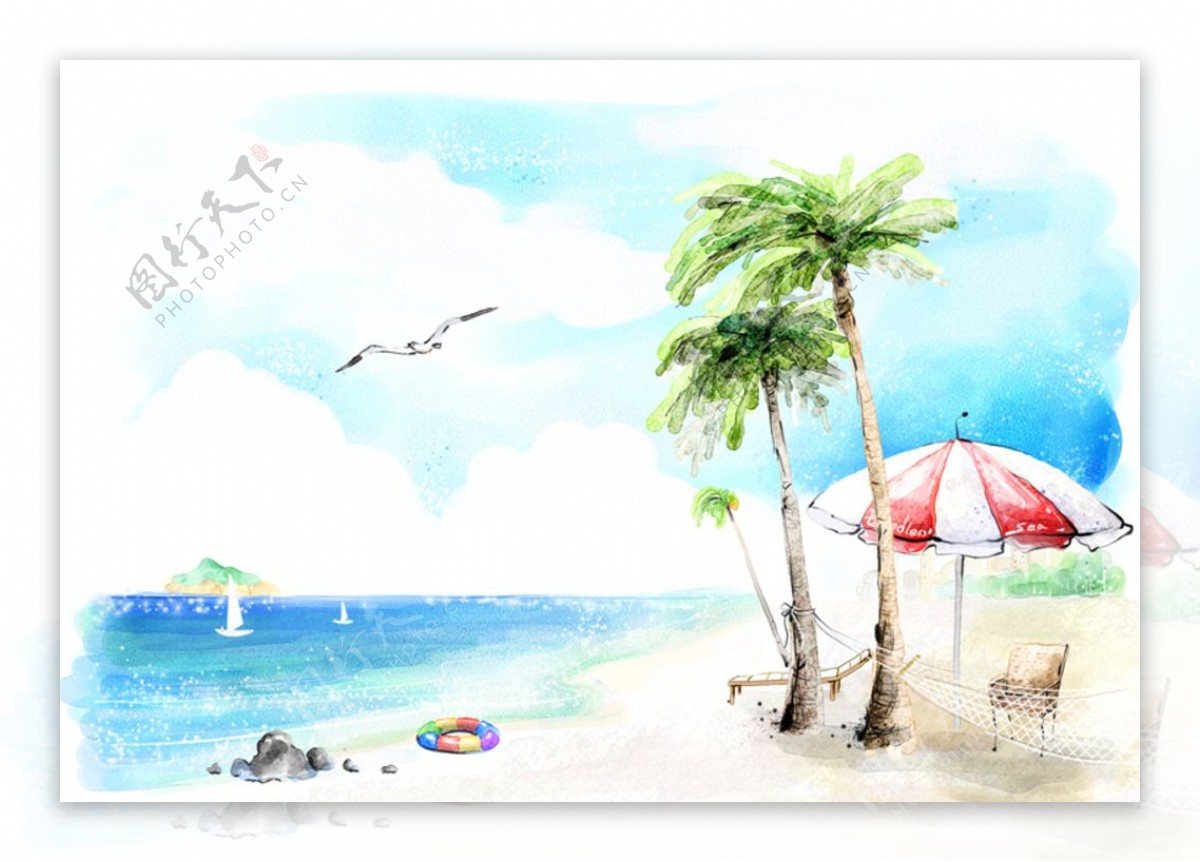 手绘水彩沙滩风景插画图片