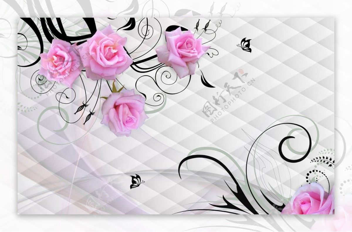 手绘欧式玫瑰软包背景墙图片
