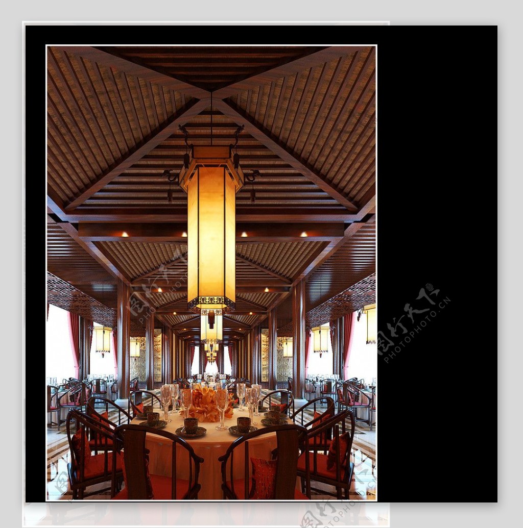 餐厅六角羊皮木艺中式吊灯图片