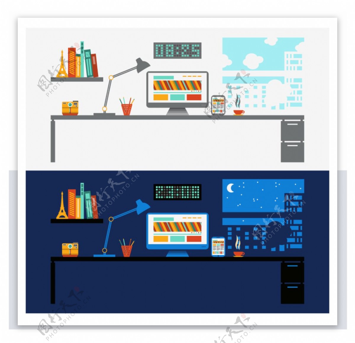 工作台日与夜背景矢量图图片