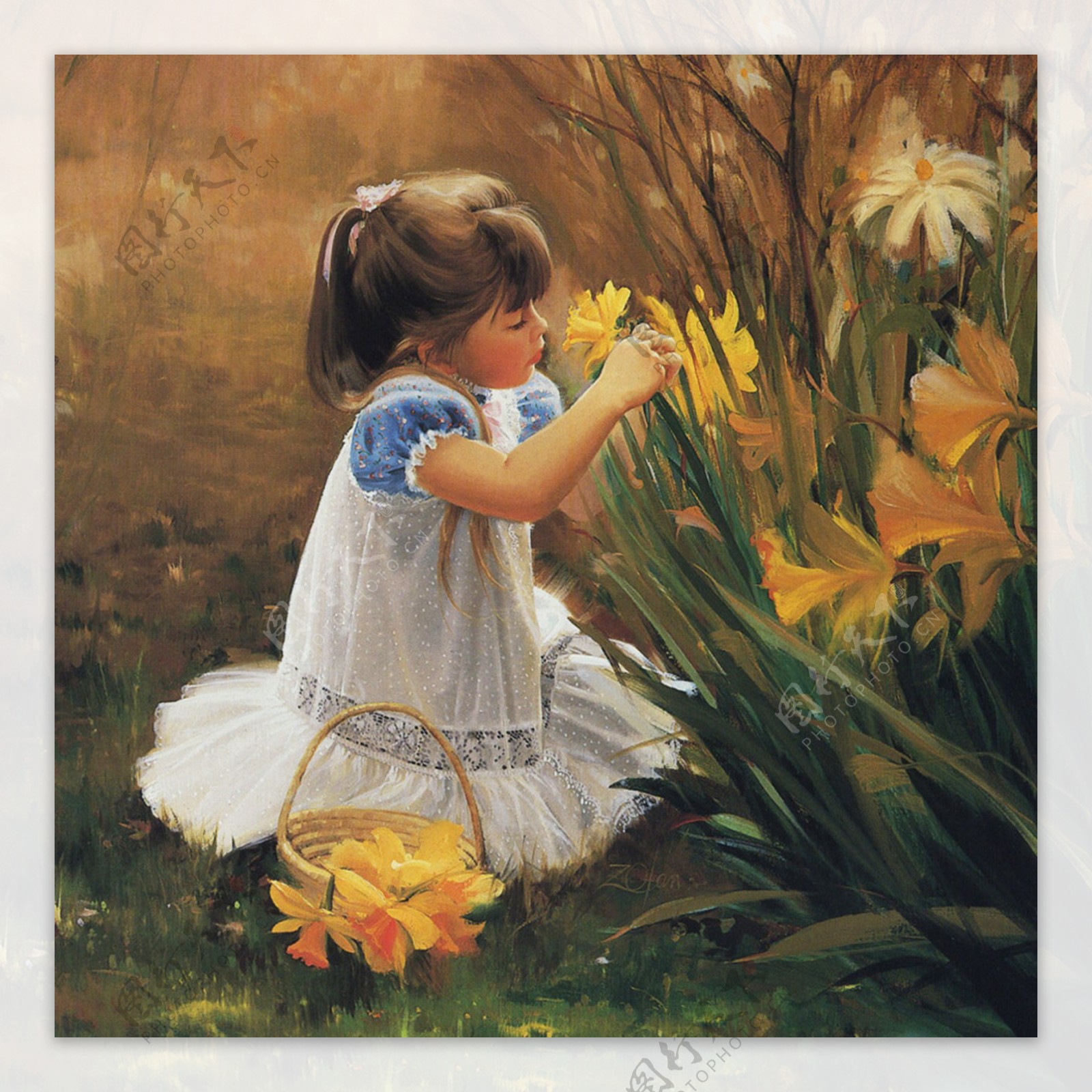 坐着草地上摘花的女孩油画图片