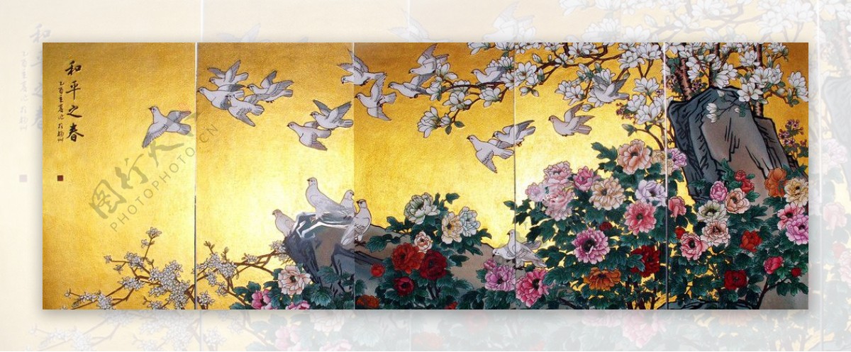 刻漆真金画和平之春壁画图片