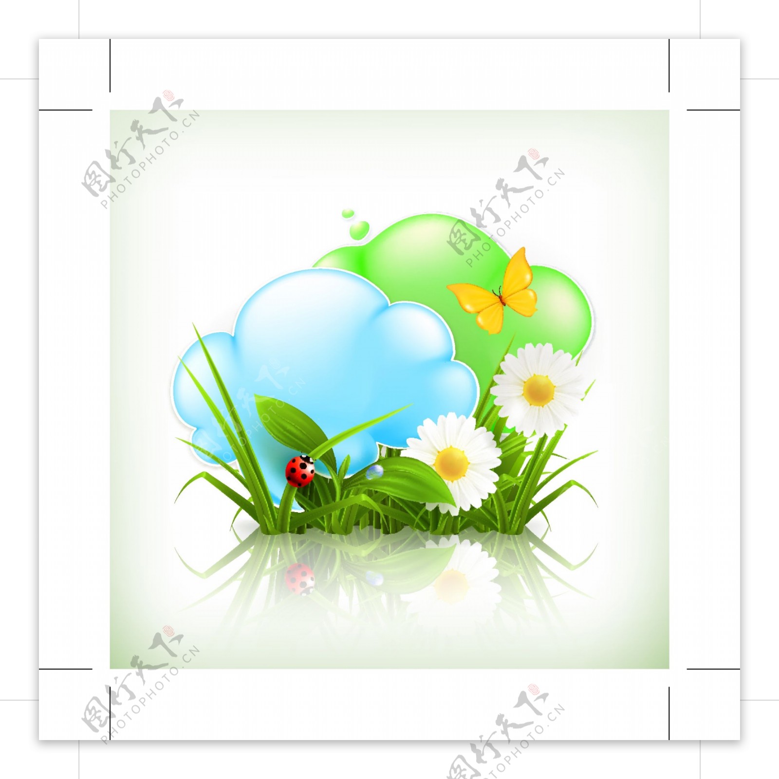 绿草鲜花蝴蝶云彩绿色生态环保背景图片