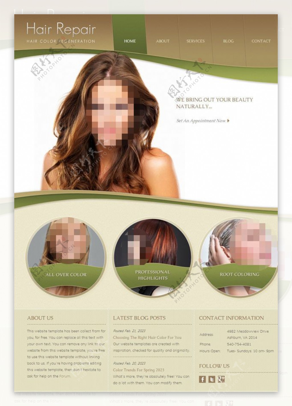 绿色美容美发网页模板图片