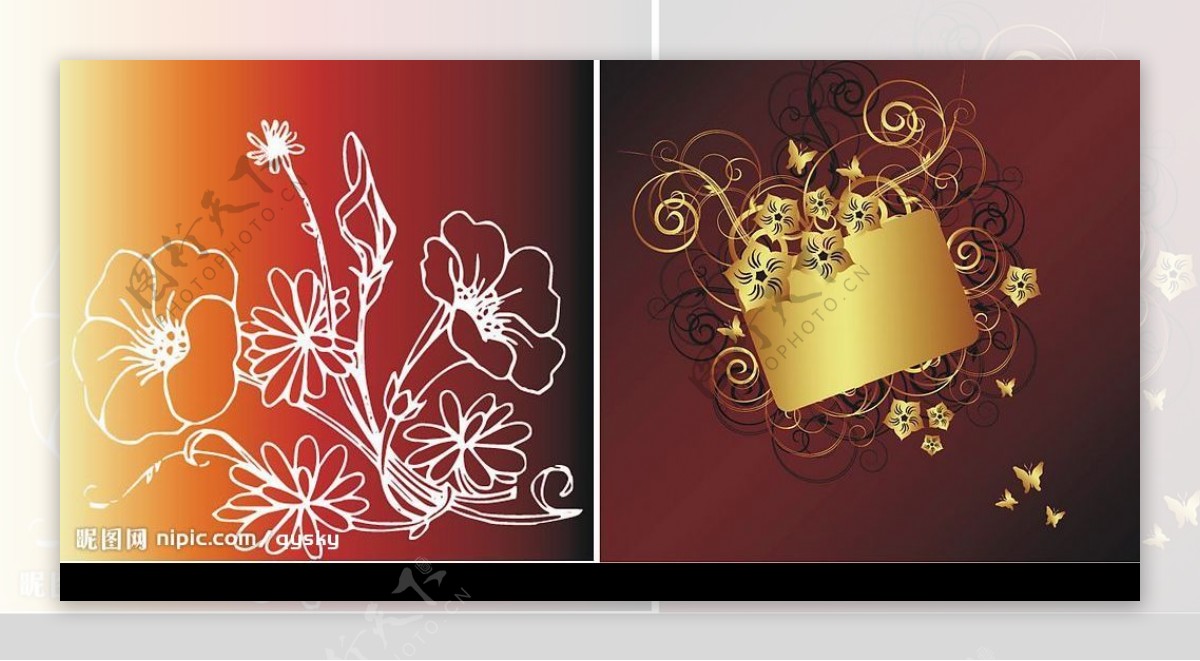 白描花朵与1款金色花纹蝴蝶矢量素材图片