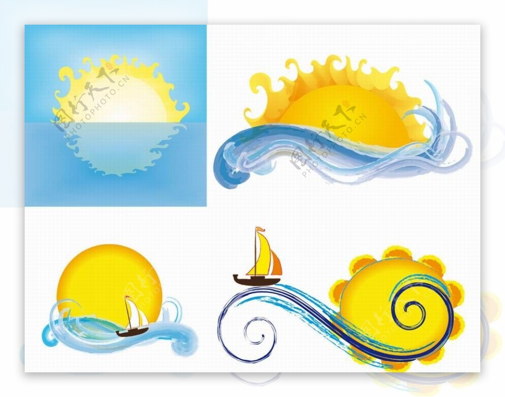 水墨太阳海浪帆船图片
