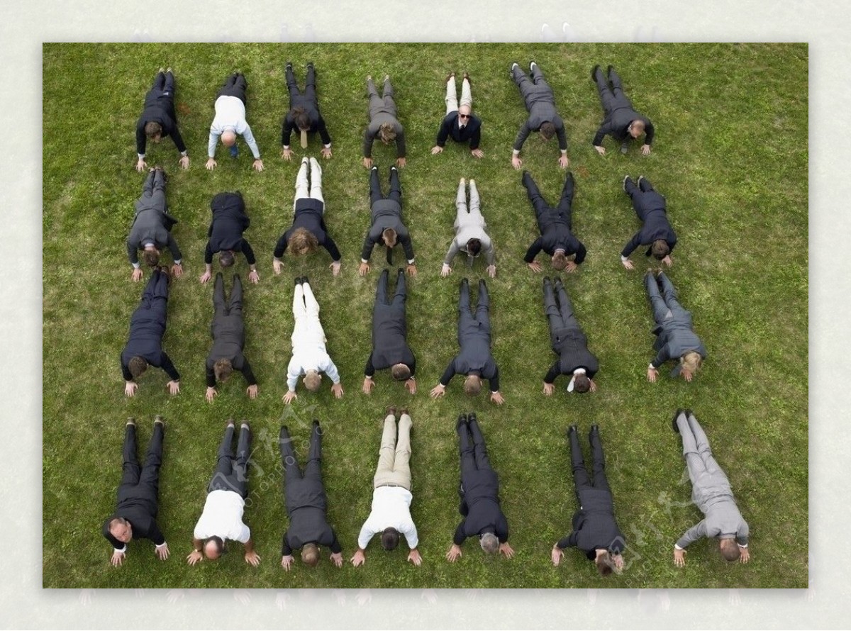 草地上做虎卧撑的商务团队图片