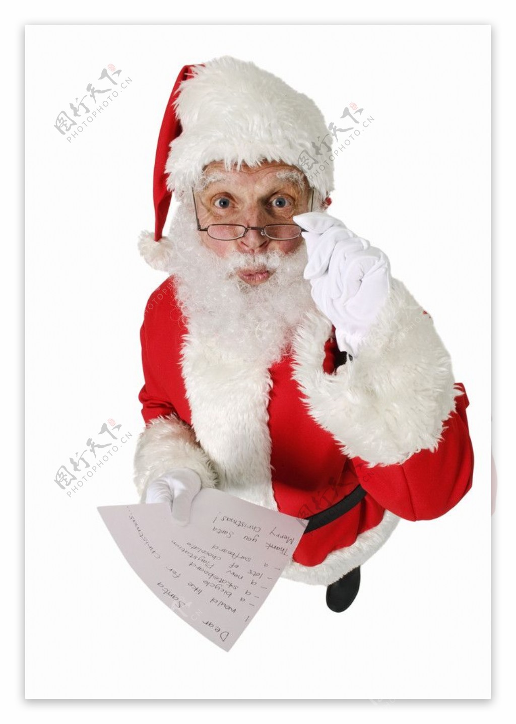 摘眼镜看信的滑稽圣诞老人图片