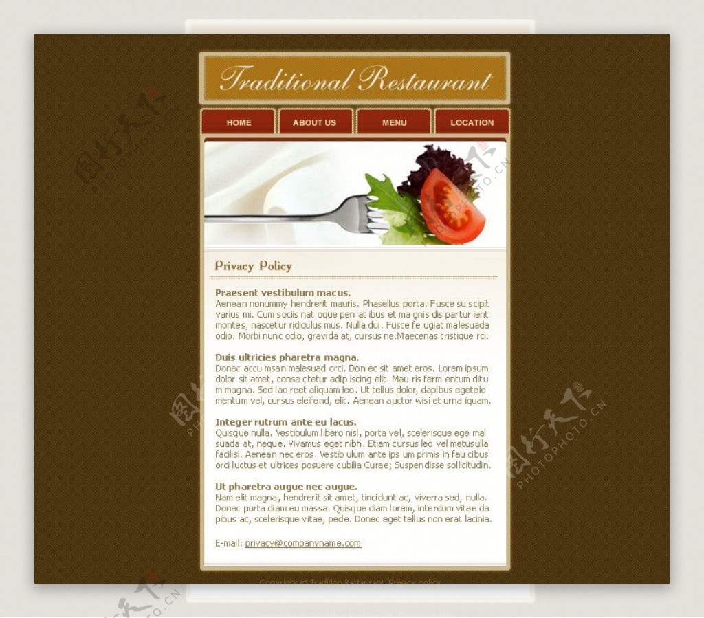 美食餐厅刀叉蔬菜番茄鲜艳诱人棕色背景网页模版PSD分层素材餐厅网站图片
