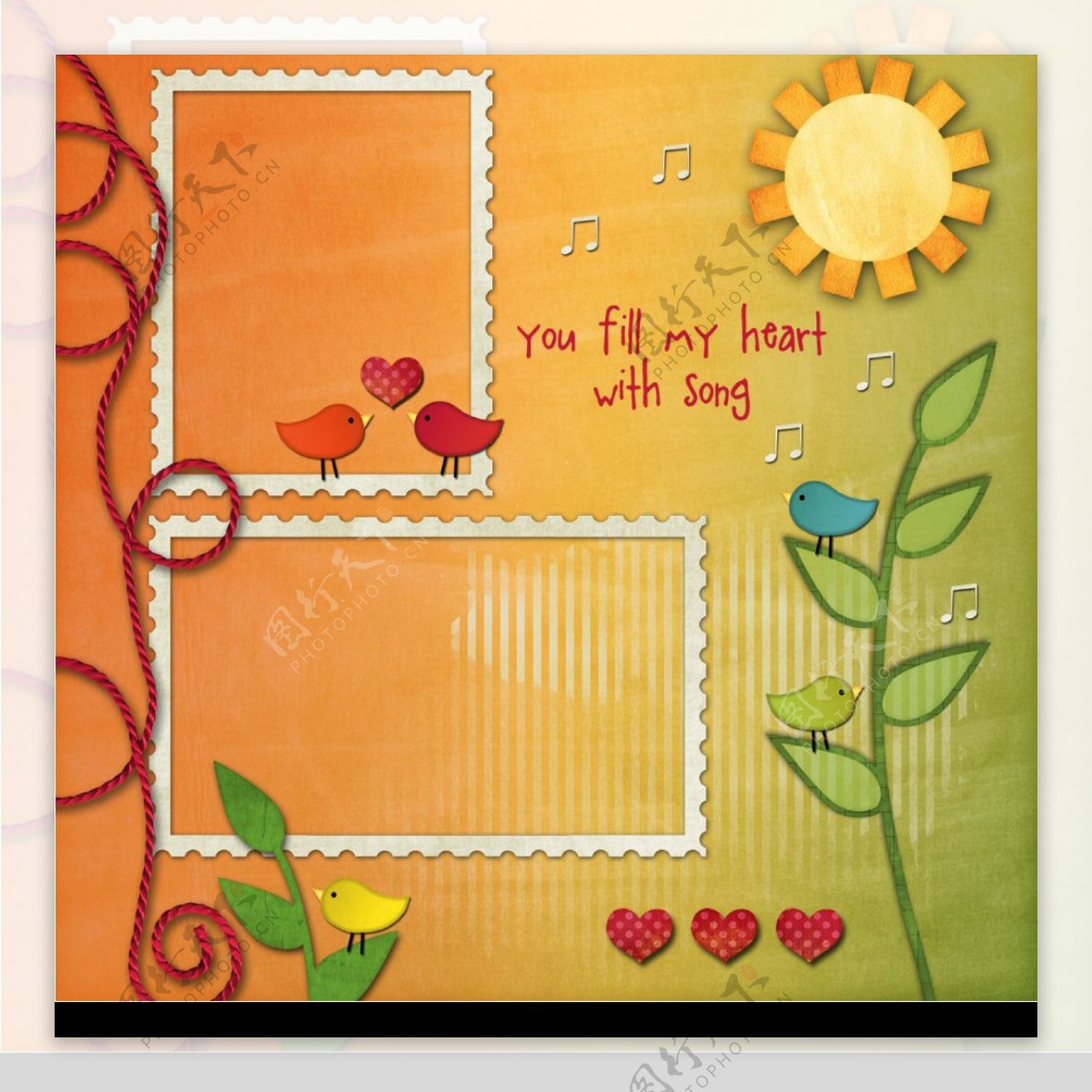 太阳小鸟邮票边框照片模板图片