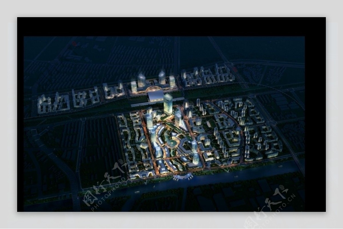多层组合体夜景鸟瞰效果图下载-光辉城市