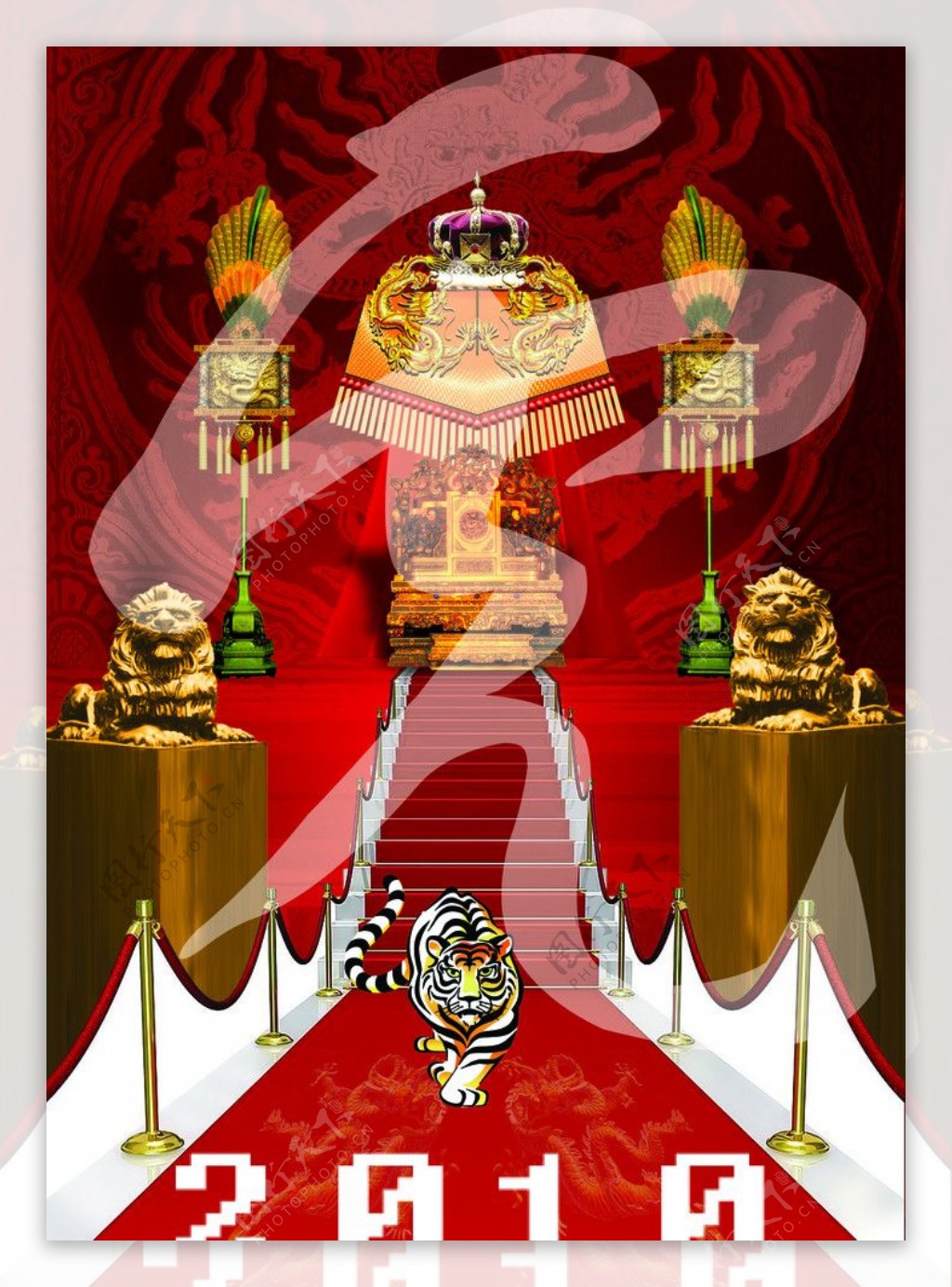 2010虎地毯柱子狮子宝座阶梯背景红色石像龙王冠图片