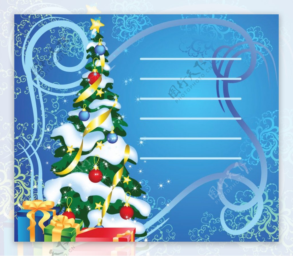 圣诞海报圣诞贺卡圣诞树礼品盒动感线条古典花纹图片