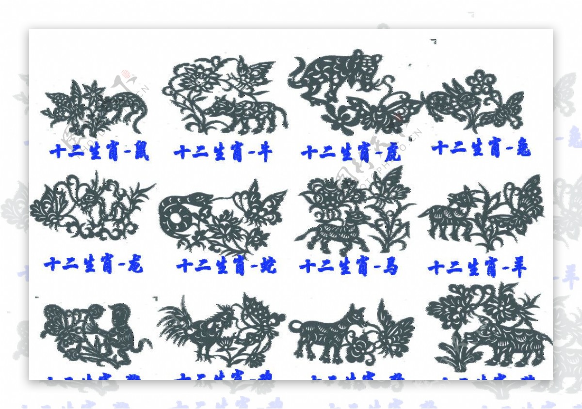 十二生肖花蝴蝶剪纸素材资料图片