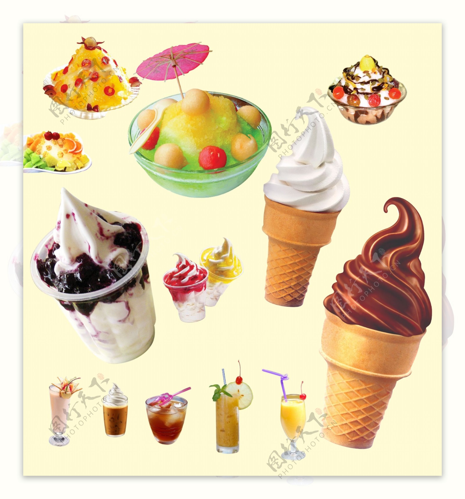 刨冰饮料圣代和圆筒冰淇淋图片