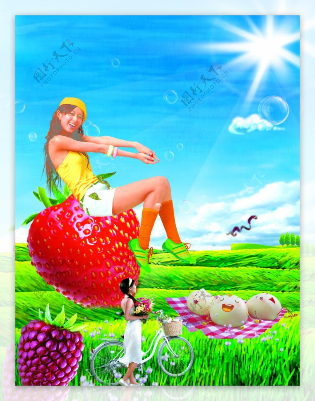 美少女坐在草莓上图片
