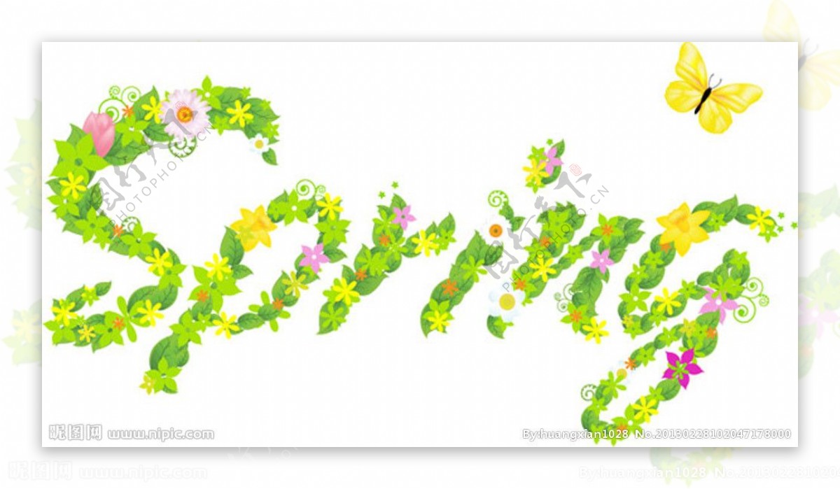 花朵树叶组成的spring矢量图片