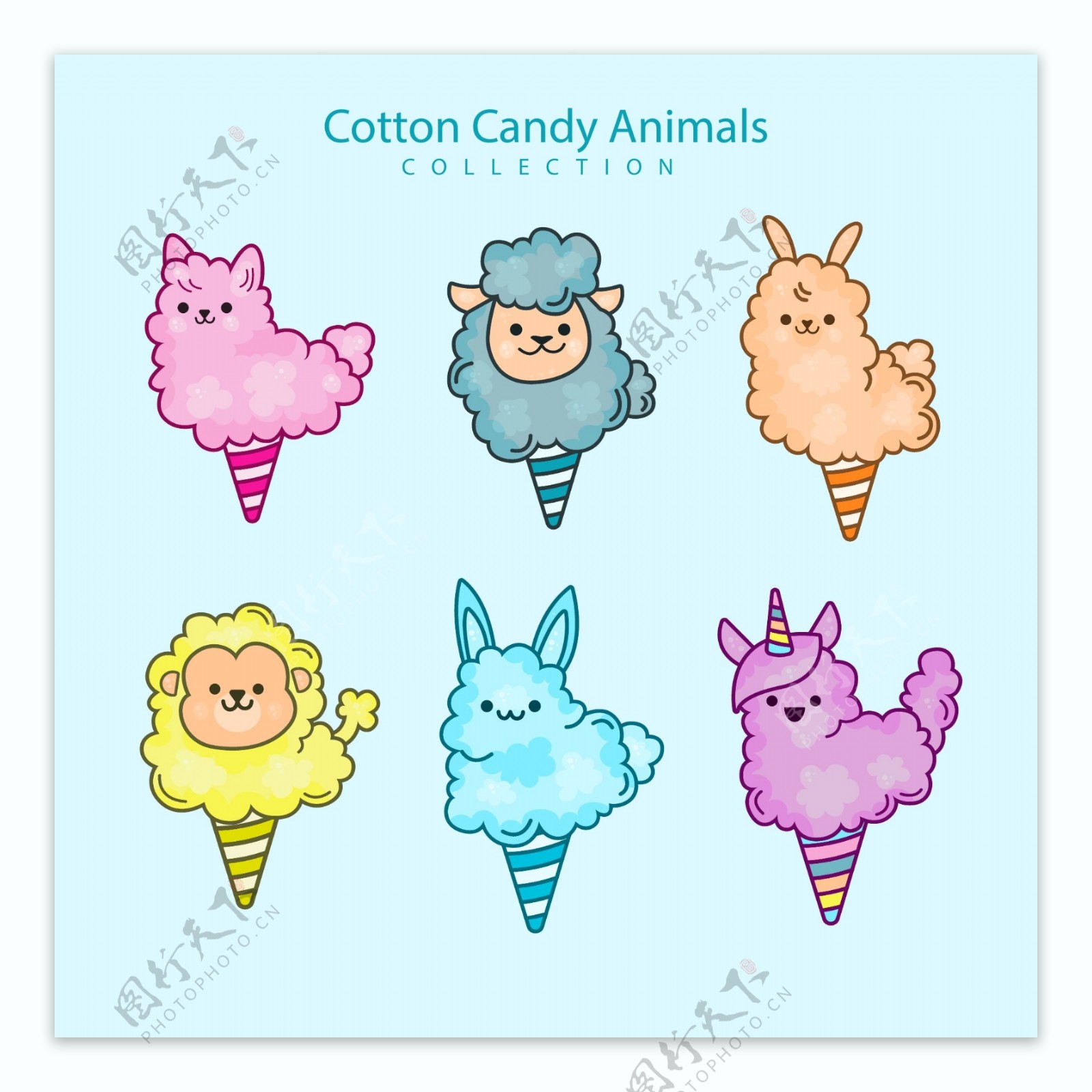 卡通五彩动物棉花糖插图