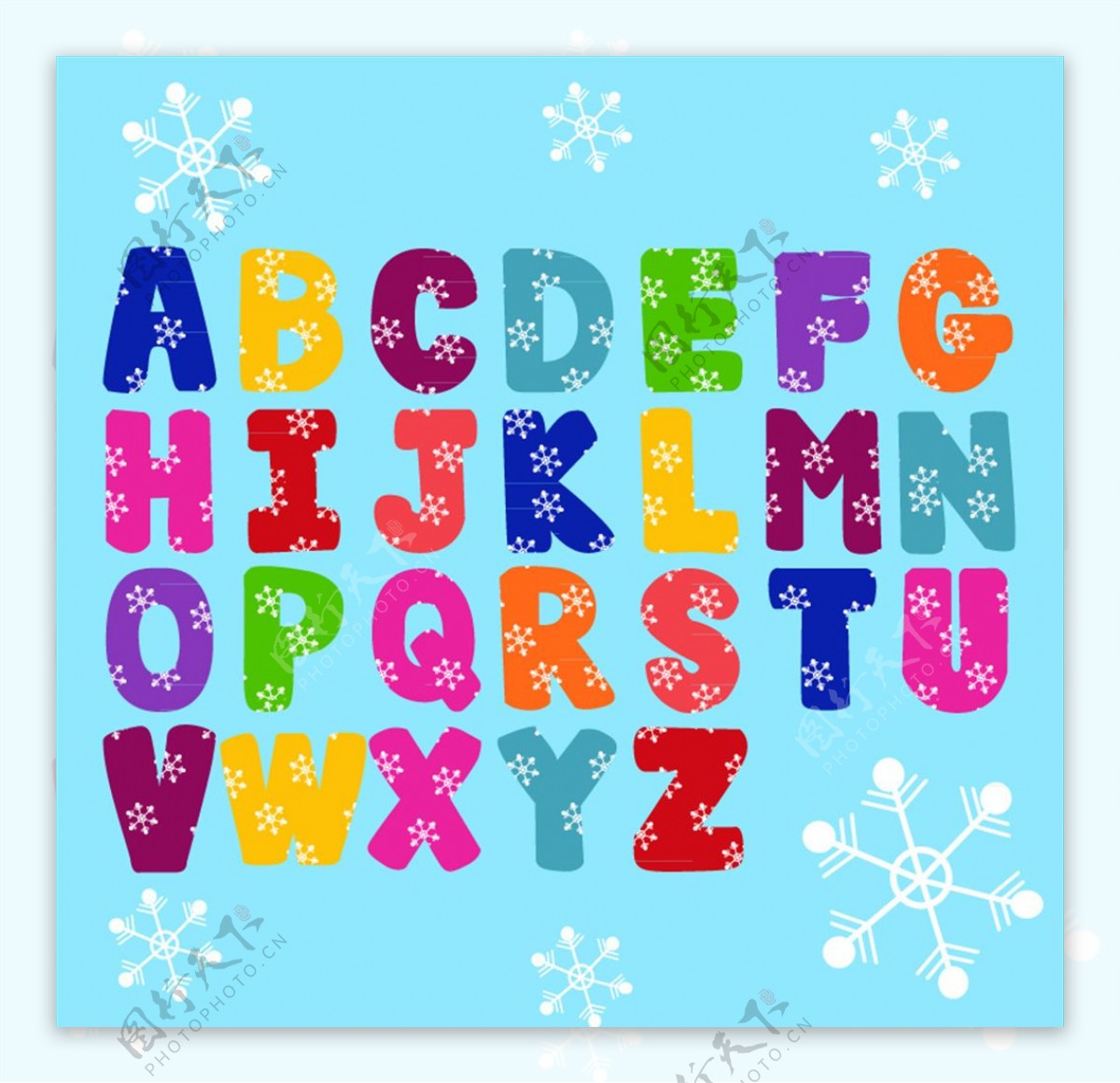 26个彩色雪花纹装饰字母矢量图