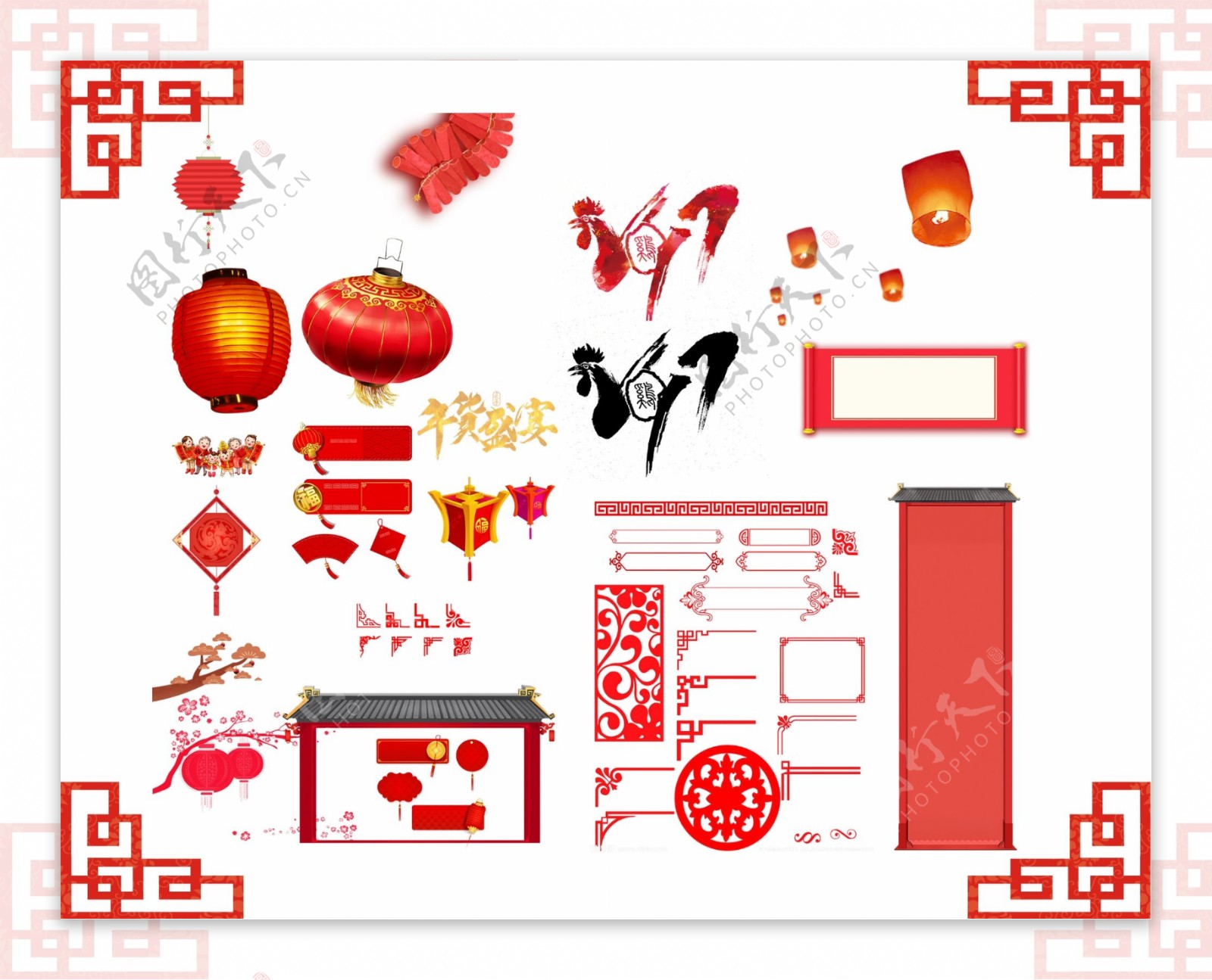 红色2017鸡年边框对联卷轴装