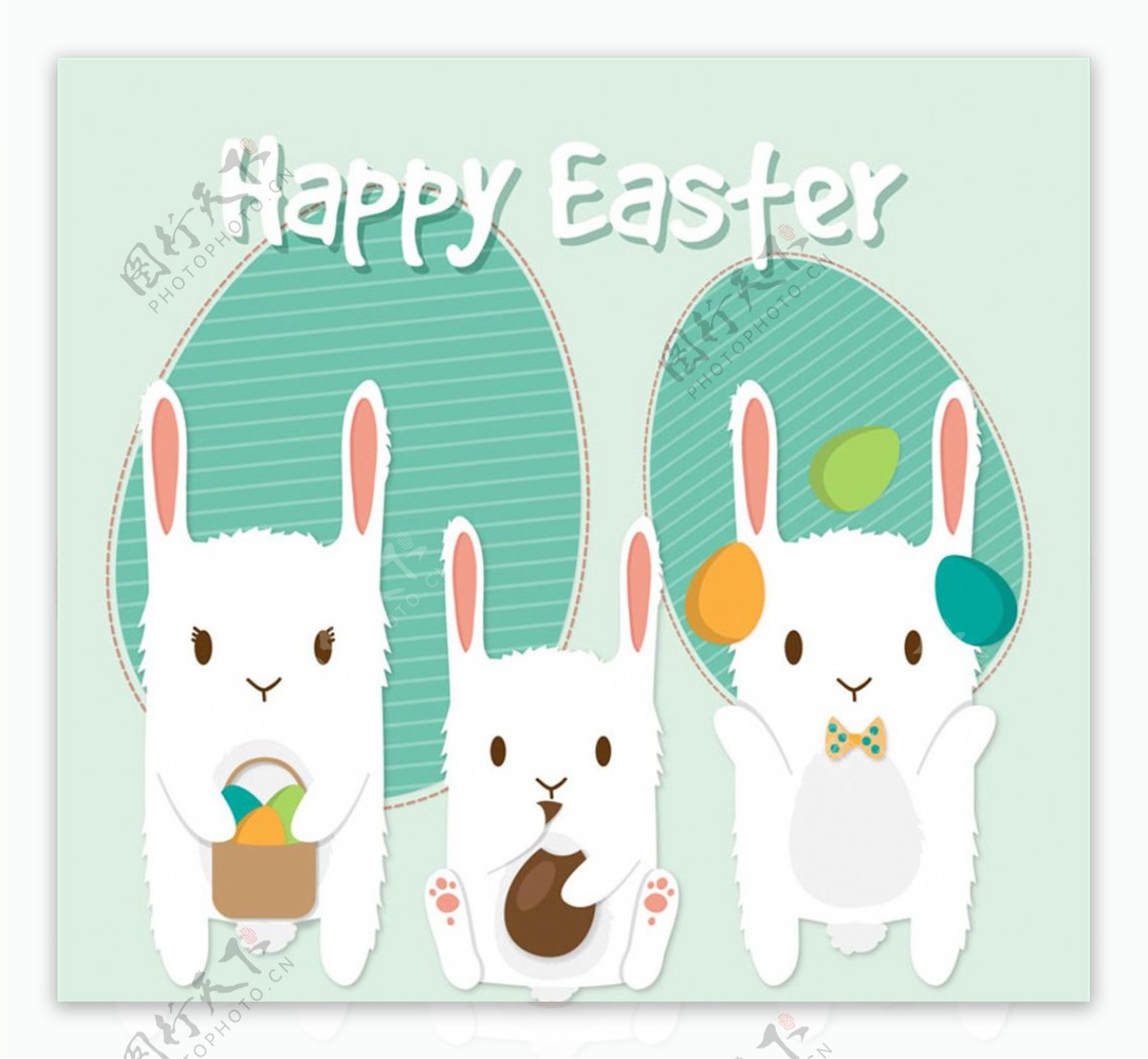 三只白兔复活节剪贴贺卡矢量图