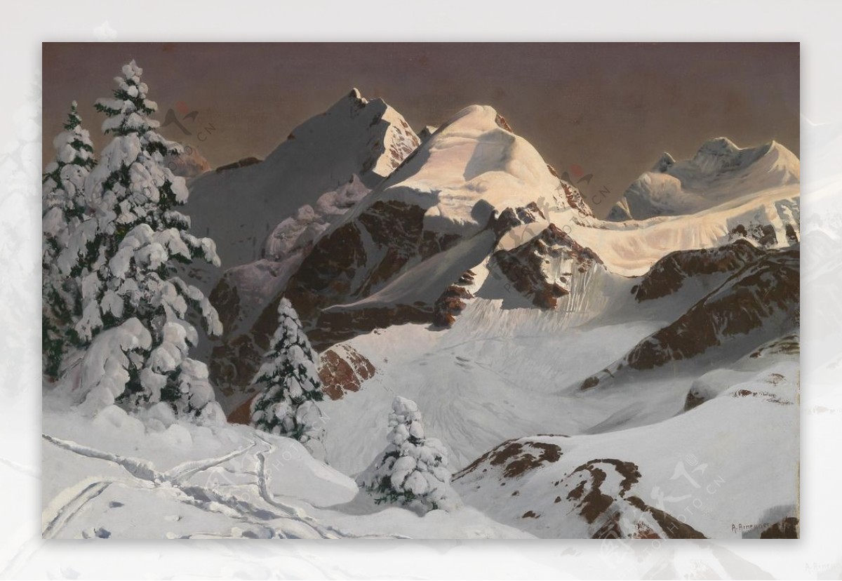 欧洲雪山油画