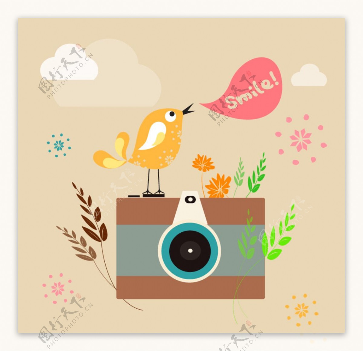 卡通相机与小鸟插画矢量素材