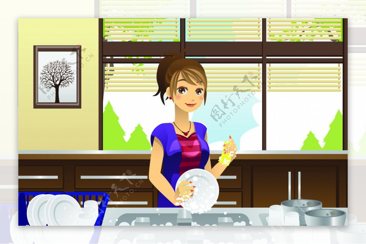 做家务洗碗的美女插画图片_动漫卡通_插画绘画-图行天下素材网