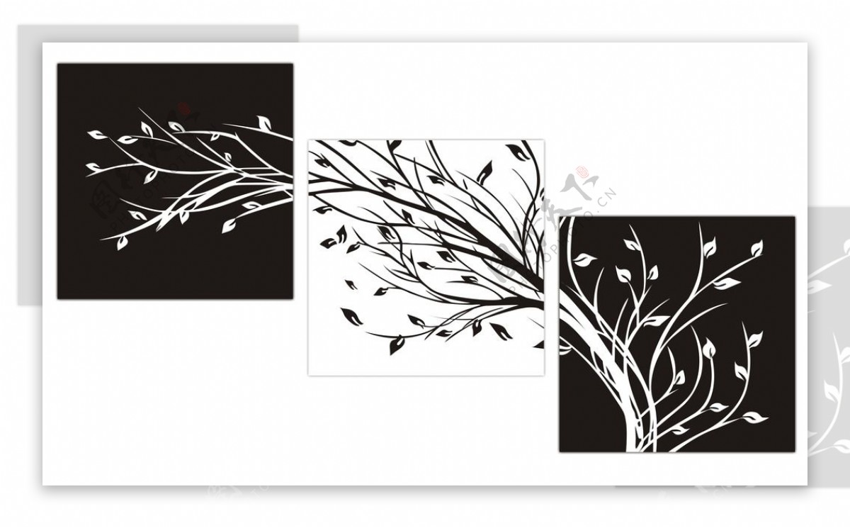无框画幸福树植物树叶装饰黑白画