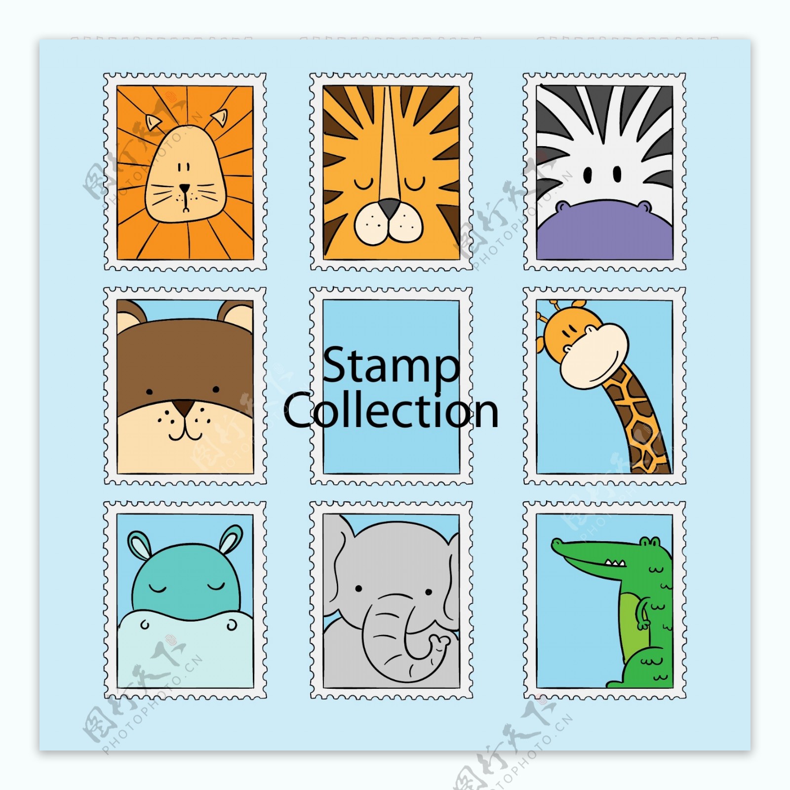 8款卡通动物邮票矢量素材