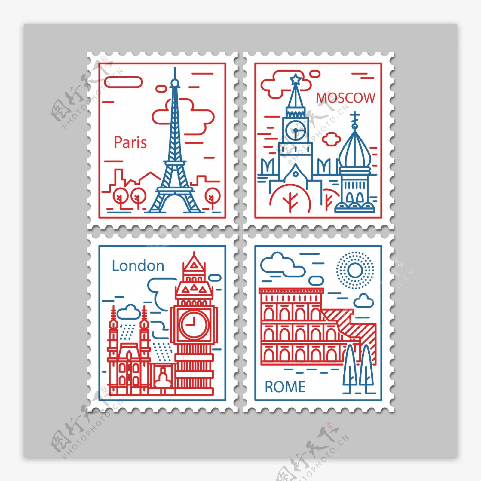 四款世界名城的邮票