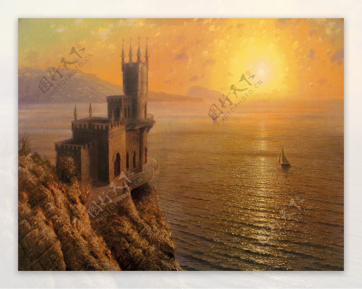 油画海边城堡夕阳西下