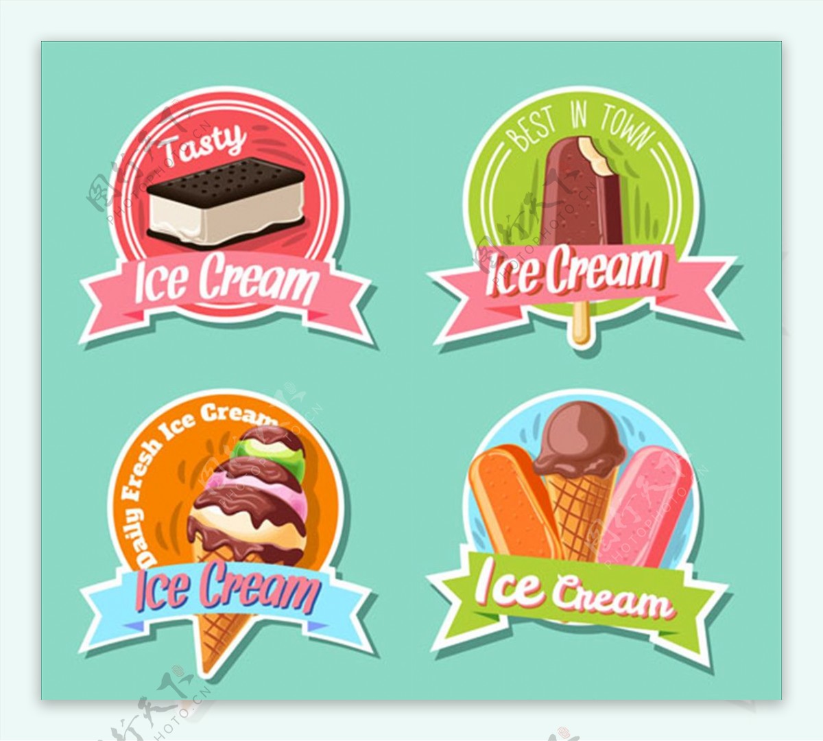 四个美味的冰淇淋贴纸