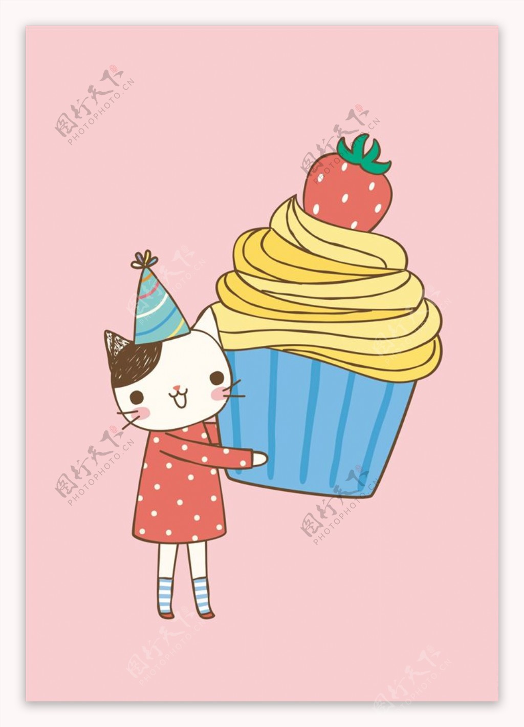 卡通小猫草莓蛋糕矢量图下载