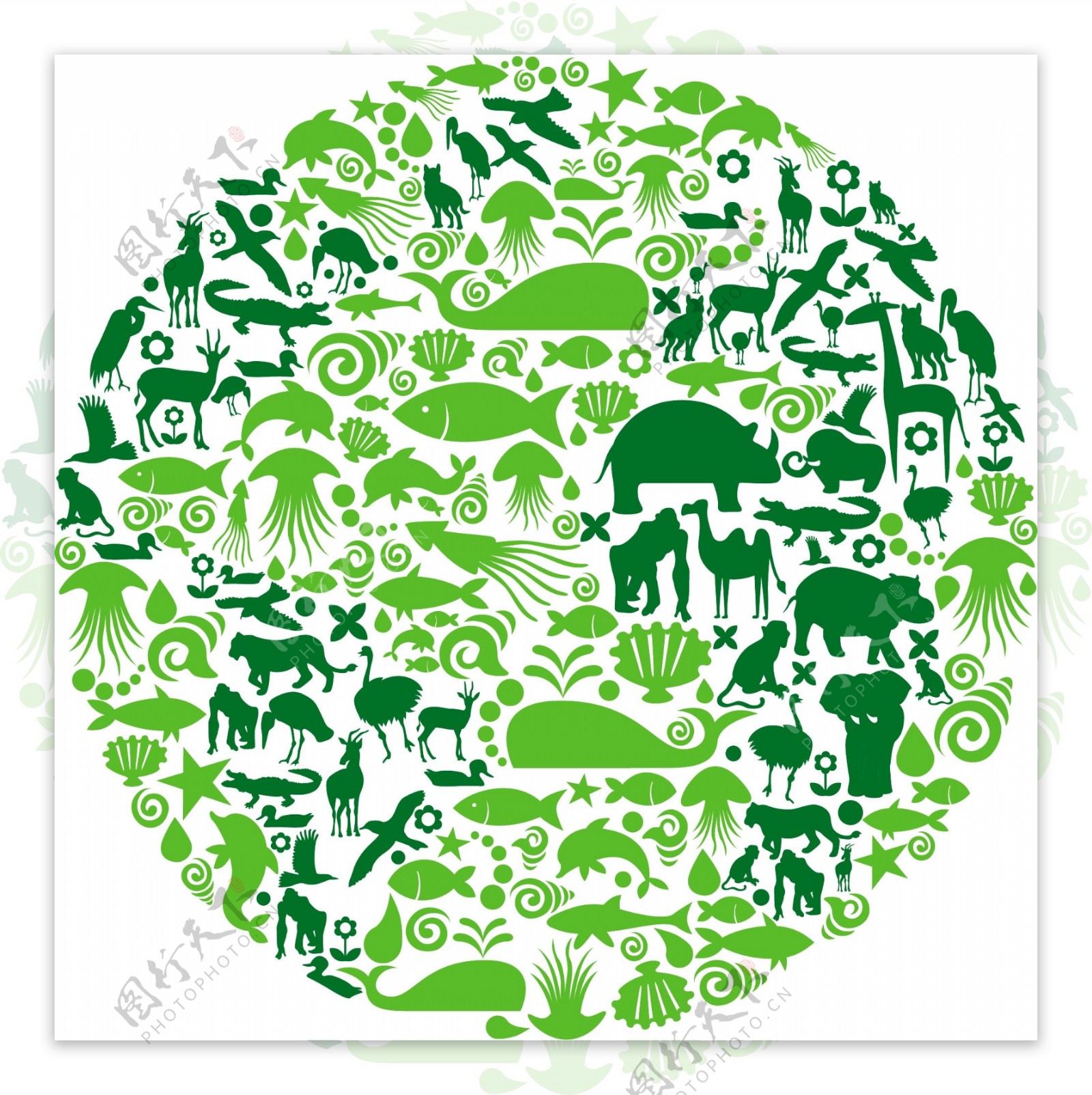 野生动物剪影绿色圆形插画