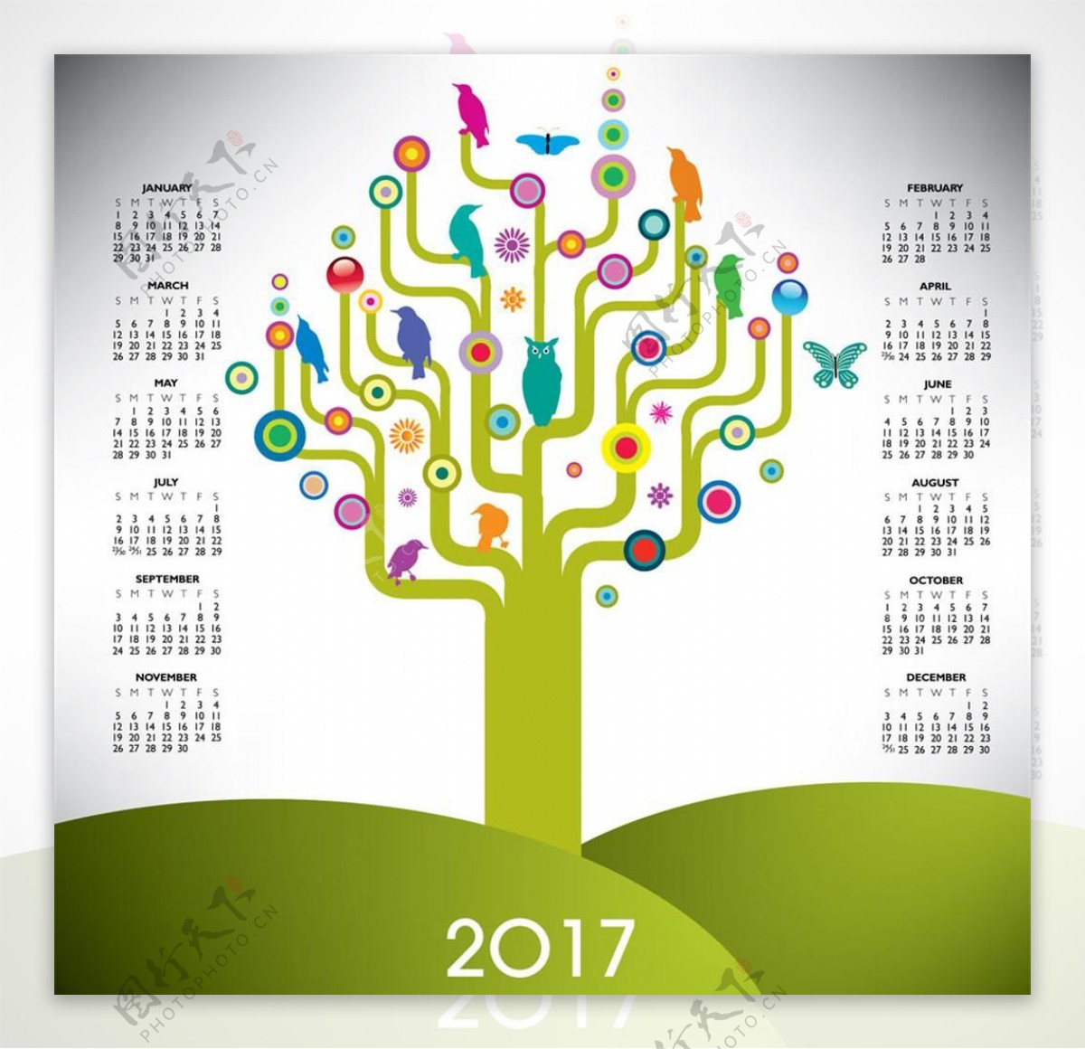 花纹小鸟绿树2017年日历