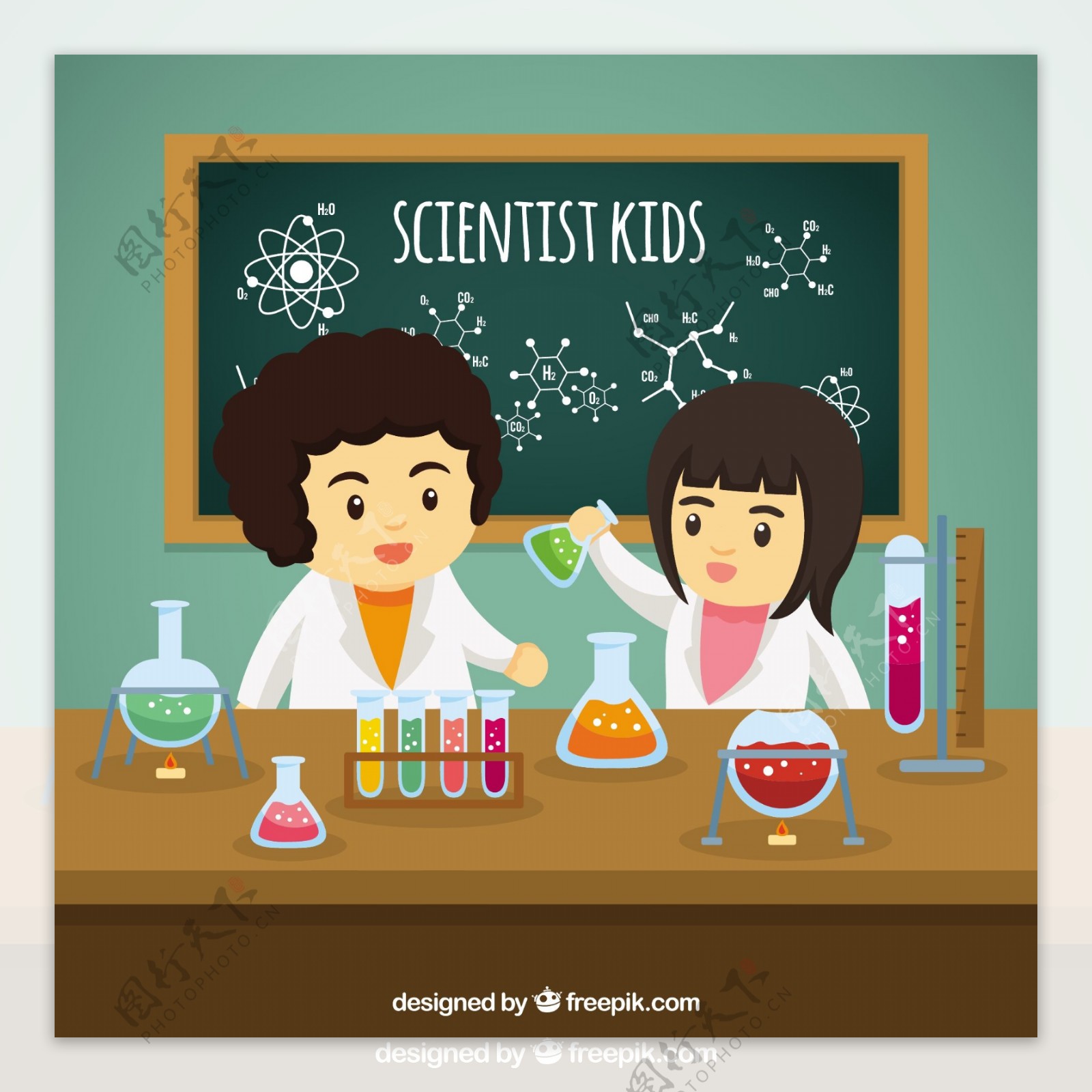 科学家与孩子们在实验室实
