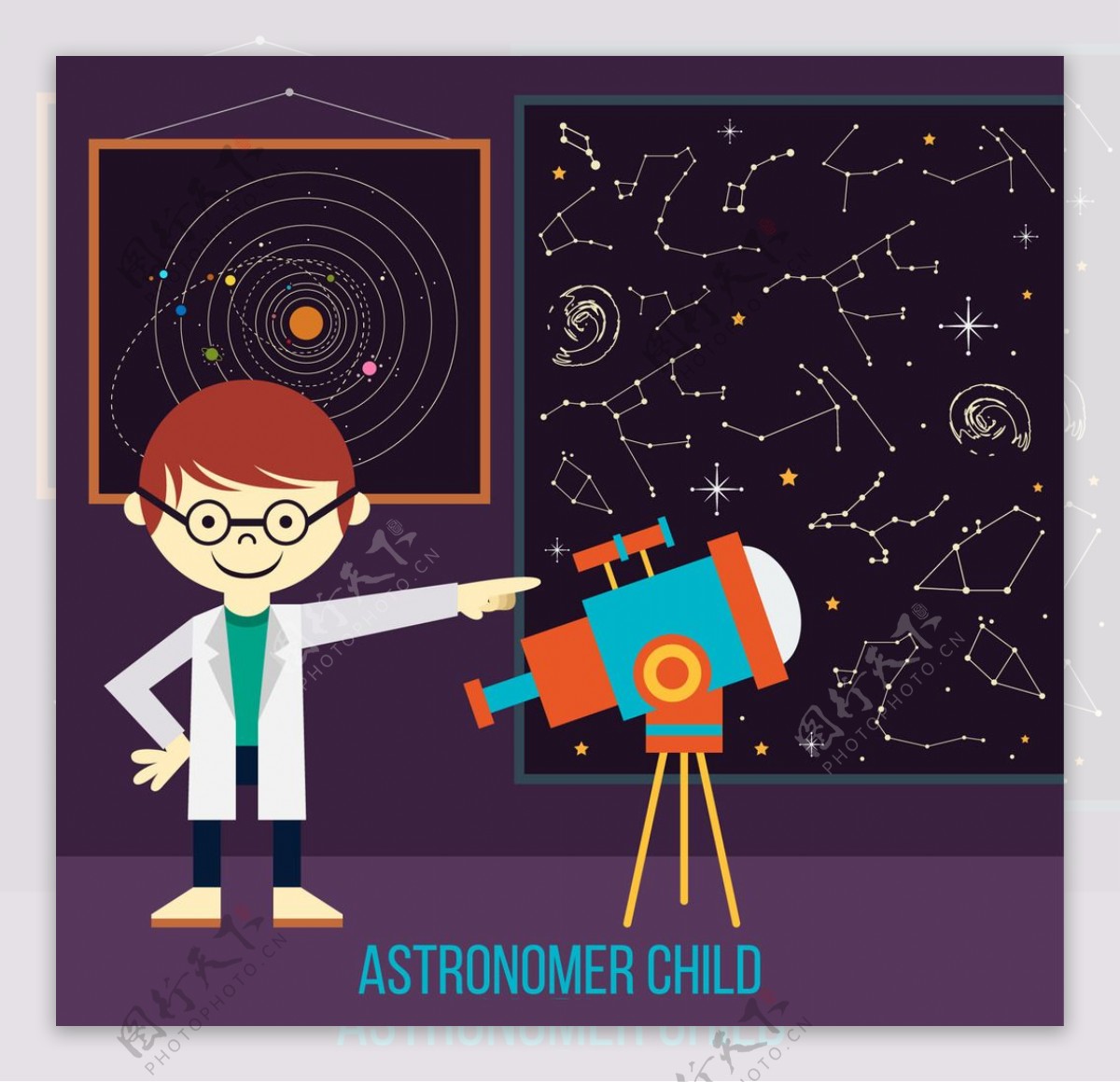 天文学家孩子用望远镜看星