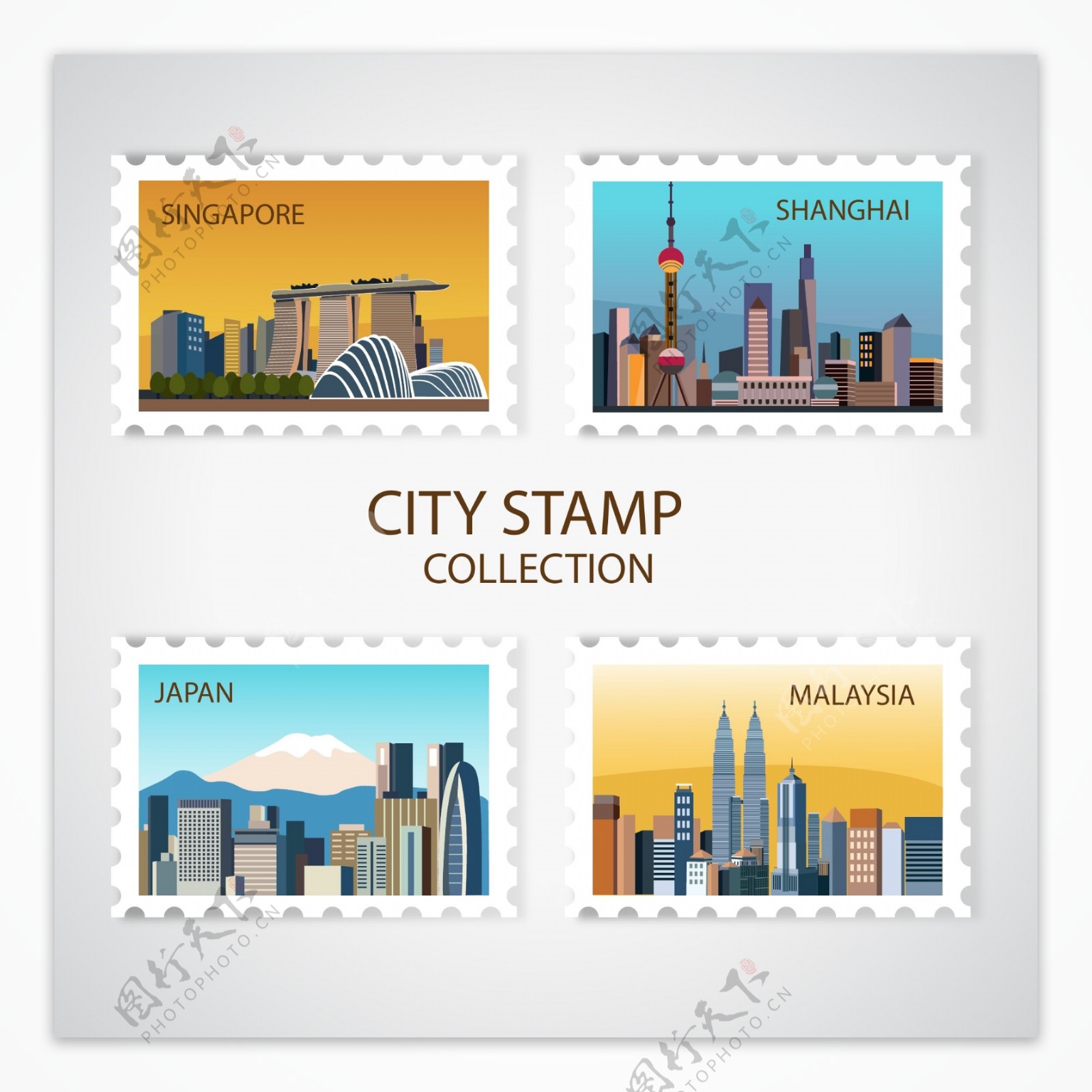 四款装饰城市邮票