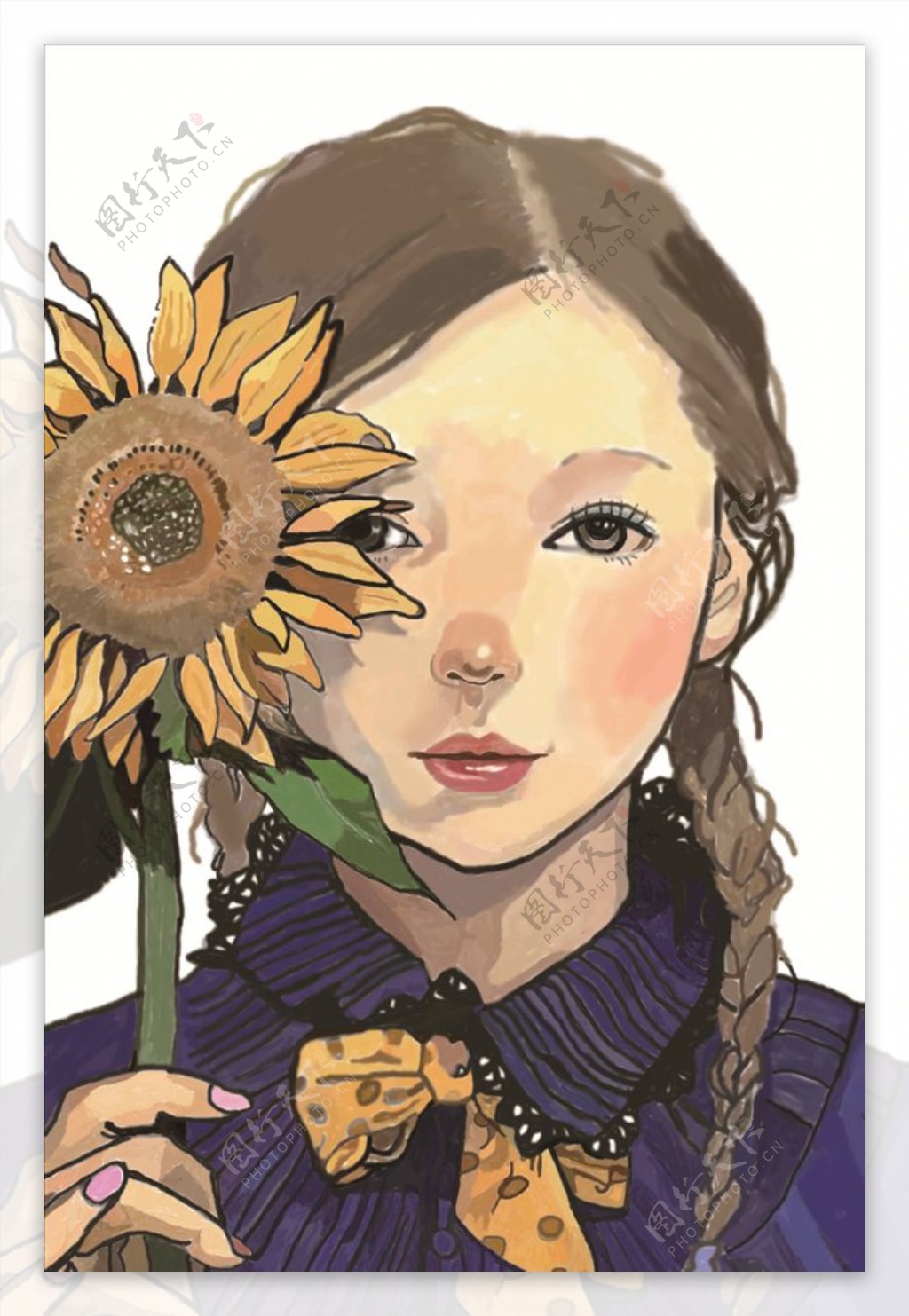 手绘女孩与向日葵